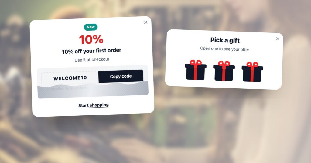 A scratch card coupon half scratched, showing the code WELCOME10 and a Copy code button under the foil, beside a Pick a gift popup with three gift boxes