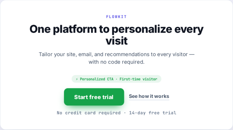 CTA personalization example showing the call to action adapting its label, destination, and style per visitor stage