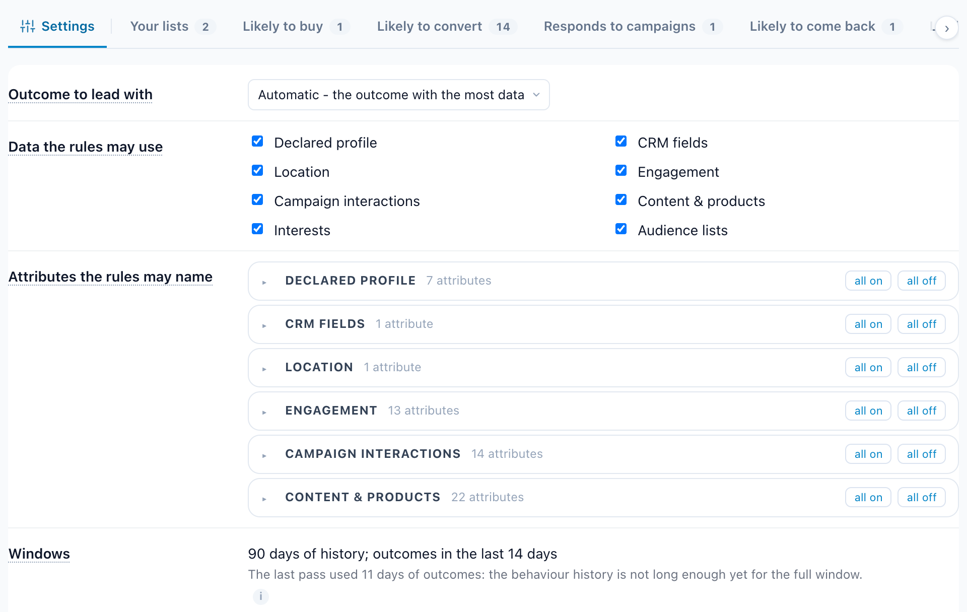 Discovery settings: the outcome to lead with, the eight kinds of data the rules may use, the attributes they may name by group, and the windows: 90 days of history, outcomes in the last 14 days