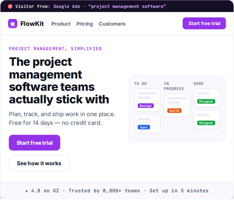 Dynamic landing pages example showing one page that matches its headline, CTA, and proof to each visitor traffic source