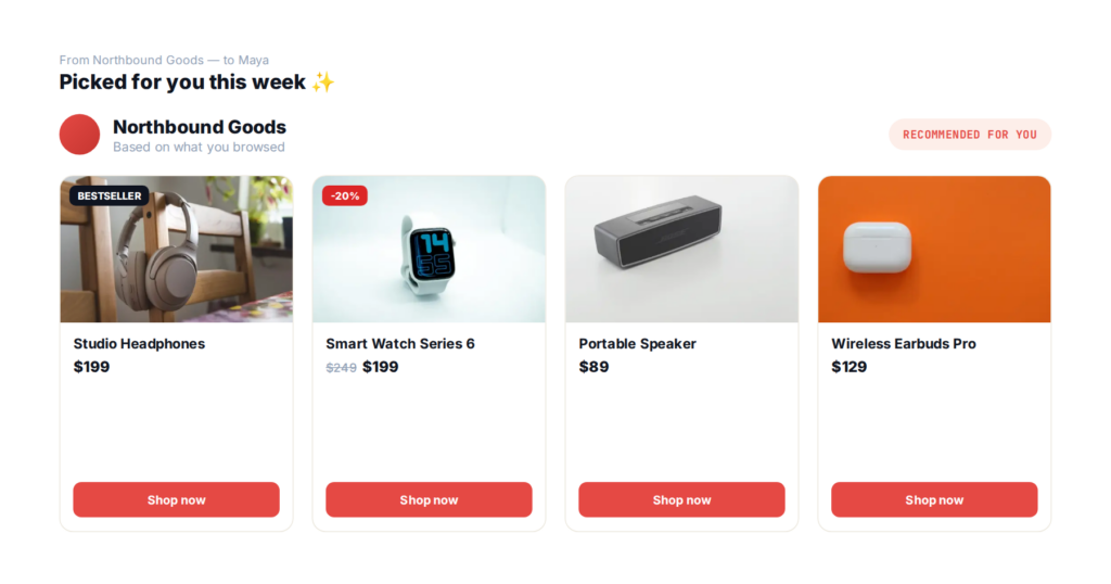 A marketing email with personalized product recommendations