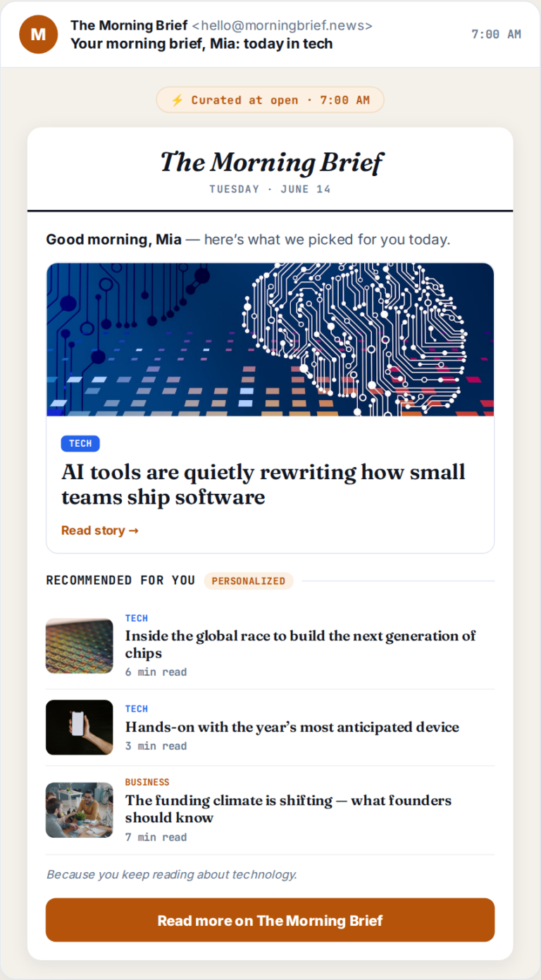 Email newsletter personalization example showing one newsletter that curates its lead story and recommended reads per subscriber