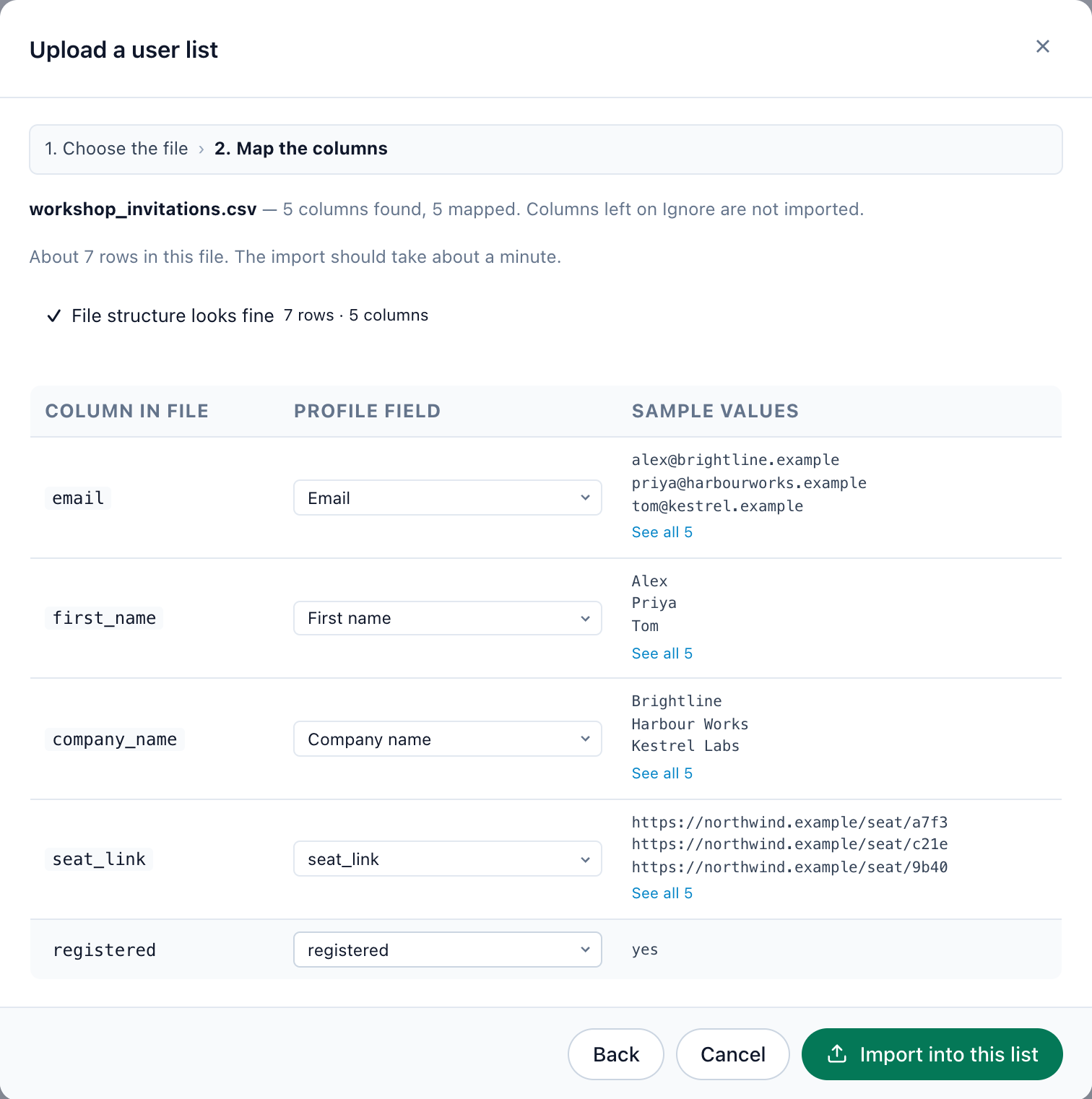 Uploading a list: five columns mapped to profile fields, two of them new custom fields