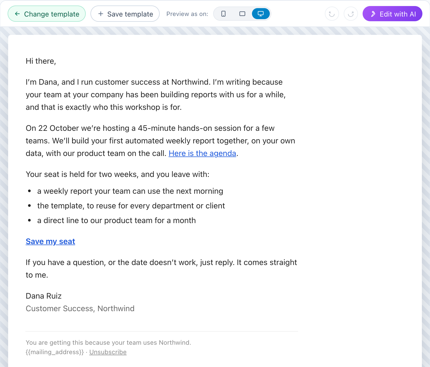 The email editor showing a plain personal letter: a greeting, three short paragraphs, a text link and the sender’s signature