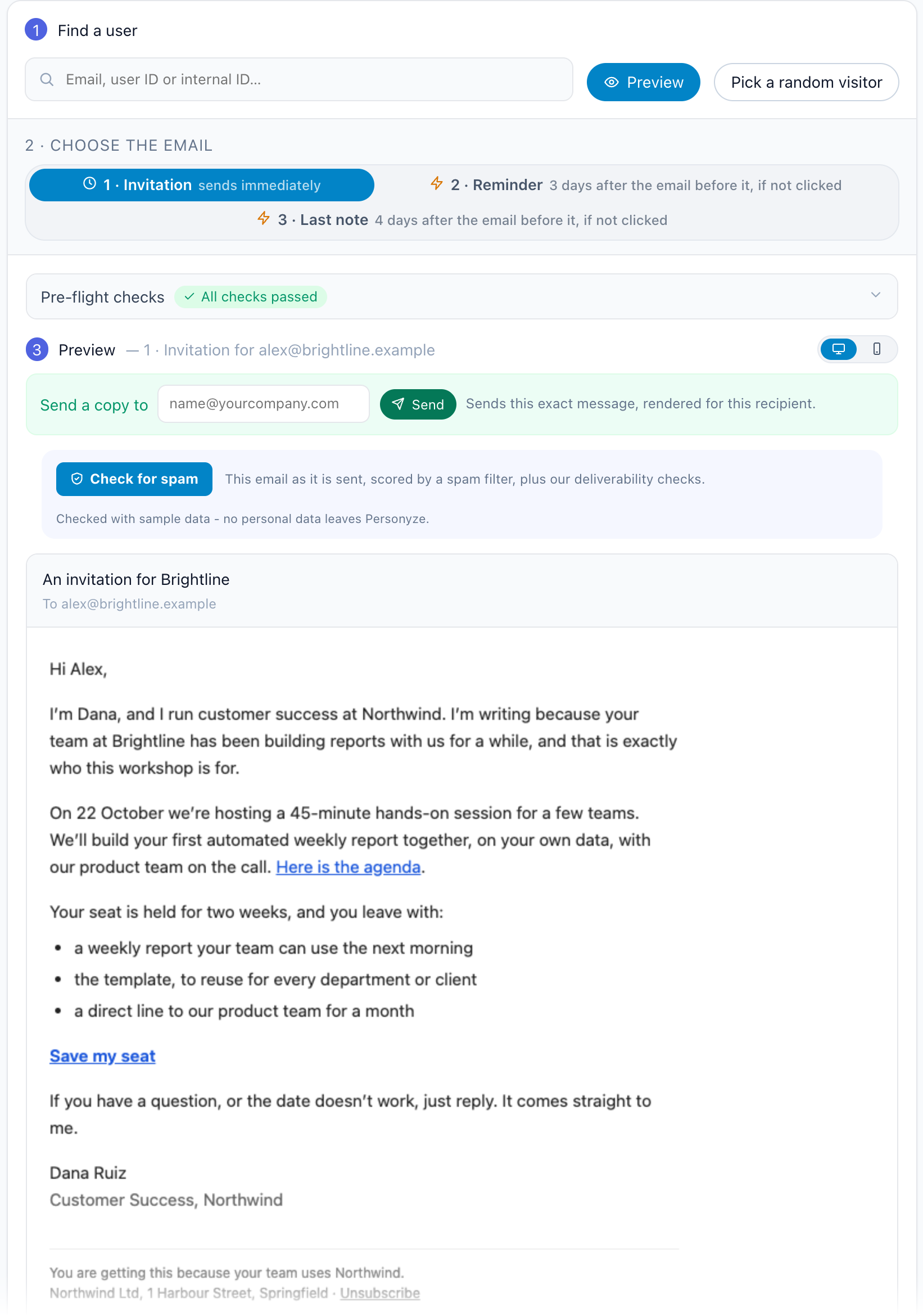 Preview by user: the invitation rendered for one person, the three emails to switch between, pre-flight checks passed