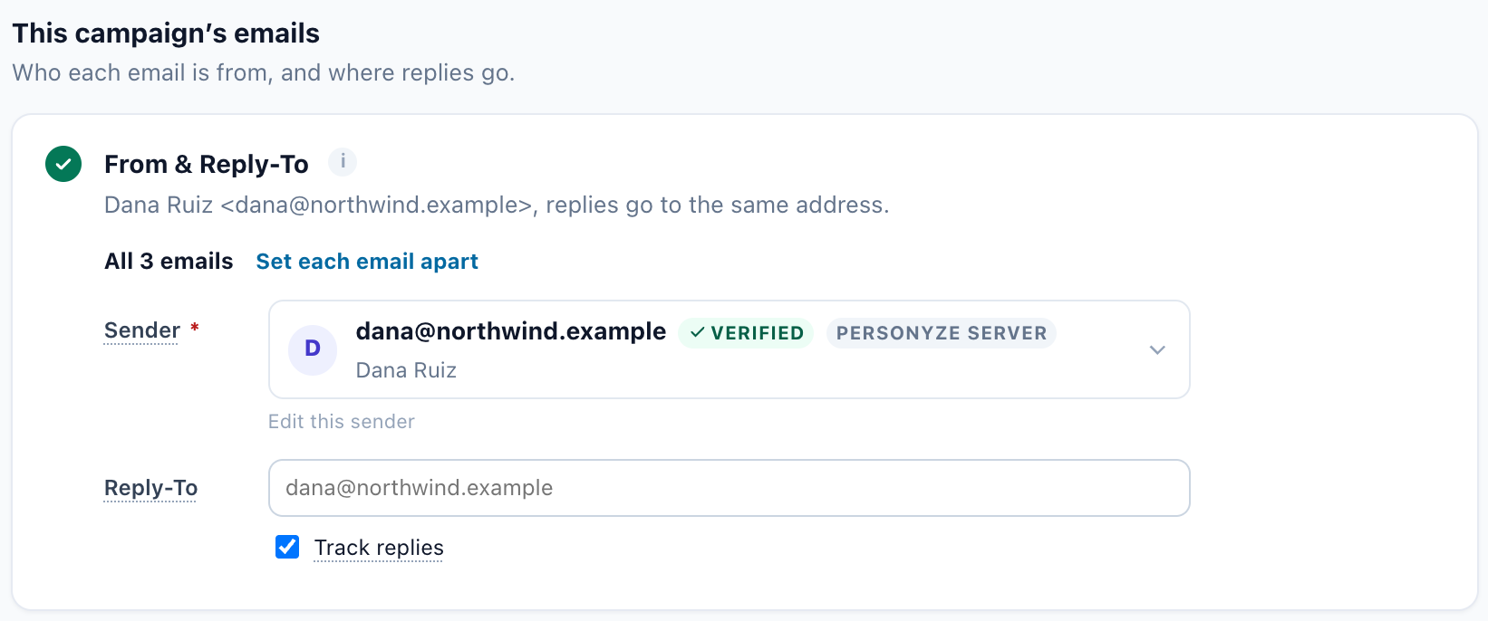 The sender for all three emails: a verified address with a person’s name, the Reply-To address and Track replies switched on