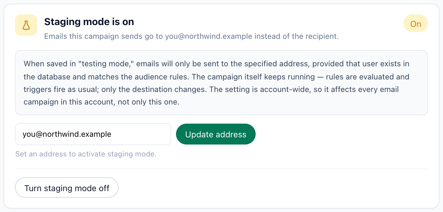 Staging mode is on: every email the campaign sends goes to one test address instead of the recipient