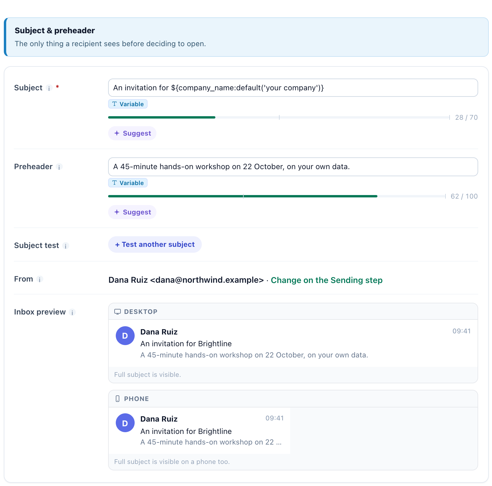 The subject with a variable and its fallback, the preheader, and the inbox preview on desktop and phone