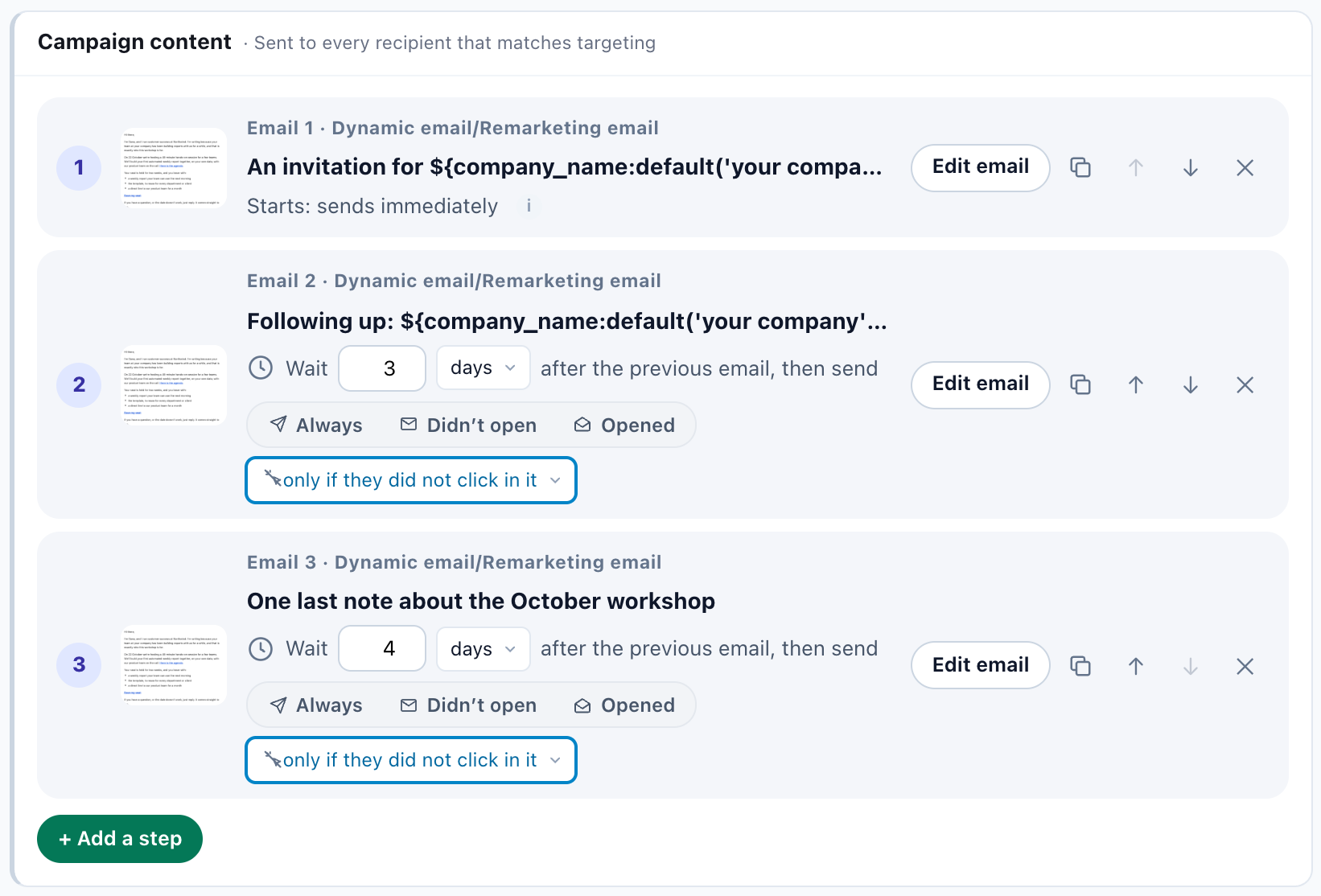 Three emails in a sequence with their waits and the did-not-click condition