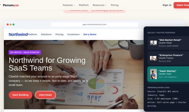 Cabecera B2B SaaS personalizada con el enriquecimiento firmográfico de Clearbit para una empresa SaaS en crecimiento