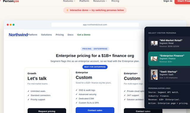 Página de precios SaaS personalizada a partir de un perfil de Twilio Segment CDP para una empresa financiera