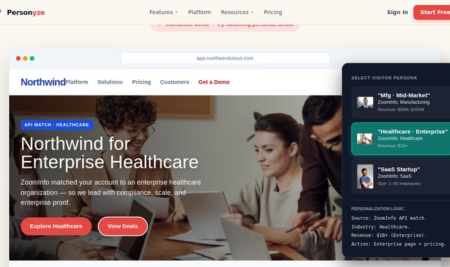 Página de inicio de un SaaS empresarial personalizada con datos firmográficos de ZoomInfo para una organización sanitaria