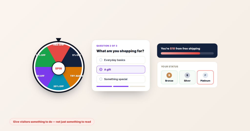 Gamified marketing mechanics: a spin-to-win prize wheel, a recommendation quiz, a free-shipping progress bar, and loyalty tier chips