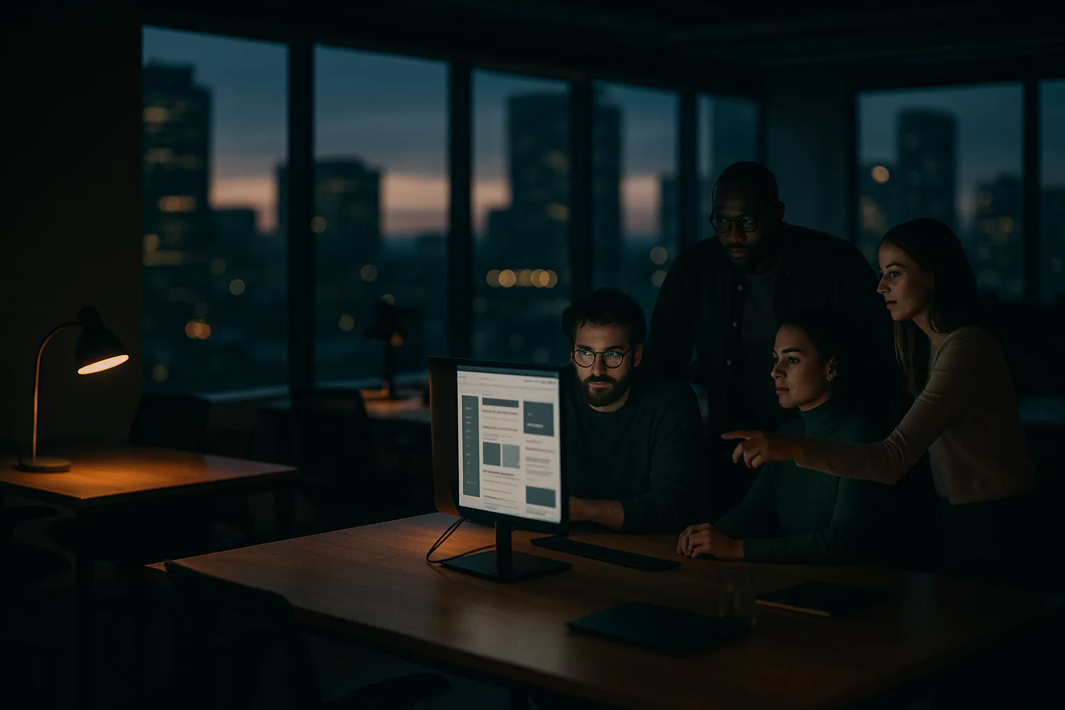 Ein Team betrachtet Website-Layouts auf einem Monitor