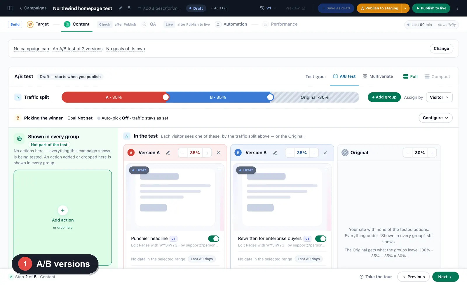 A/B testing with the Live Editor: two versions and the Original in one test, a headline made punchier with AI on the live page, the whole page rewritten for enterprise buyers with one request, then a verdict per audience
