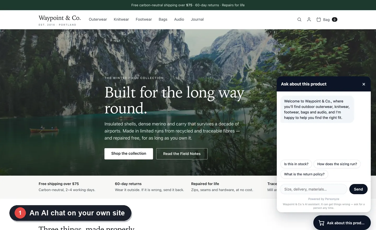 AI Chat and the AI Product Finder: a chat on the store that answers with its own products, prices and stock, then a finder bar where visitors say what they need and get a shortlist with reasons
