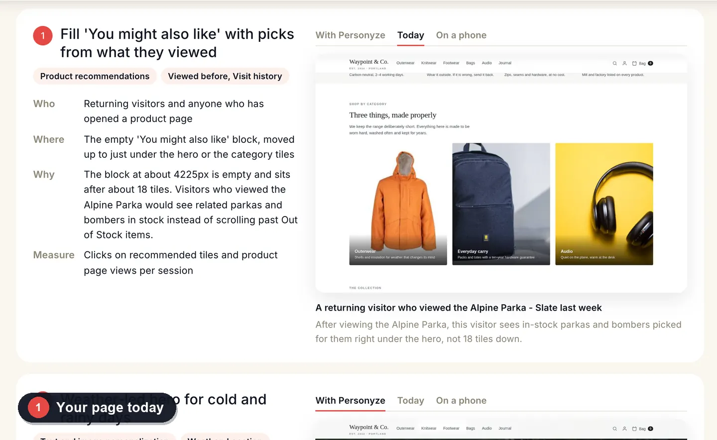 Inspire me: an idea drawn on the store's own page - today, with Personyze, and on a phone