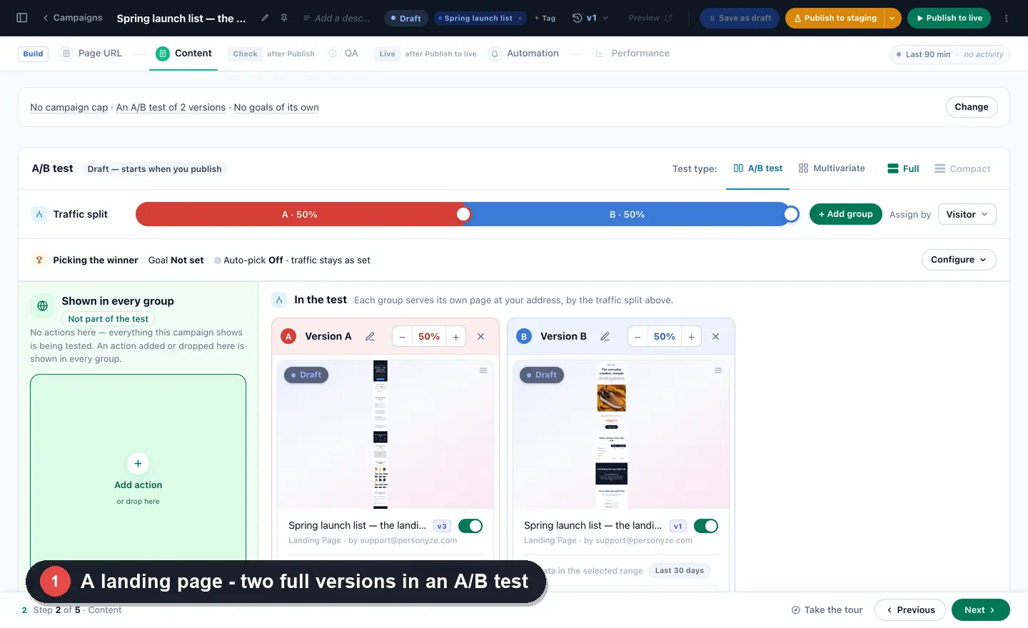 Hosted landing pages: two full versions in an A/B test, built in Canvas element by element, twenty kinds of live element, a countdown dropped in and set up
