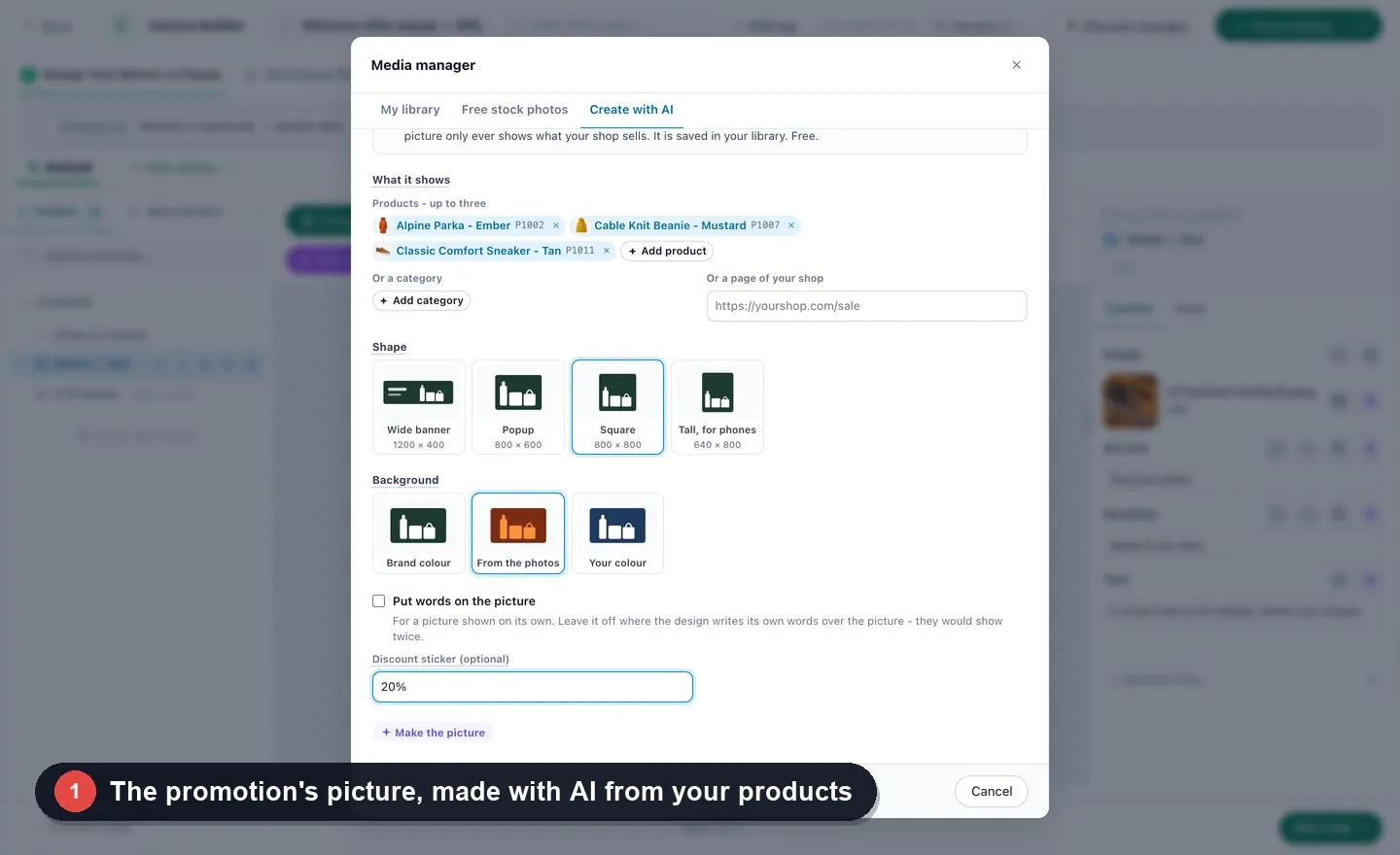 AI Promotions in the panel: a promotion picture created with AI from the store's own products, the promotion with its words, restyled with one sentence, banners, coupons and text bars from one pool, a calendar, and how the AI picks each visitor's promotion