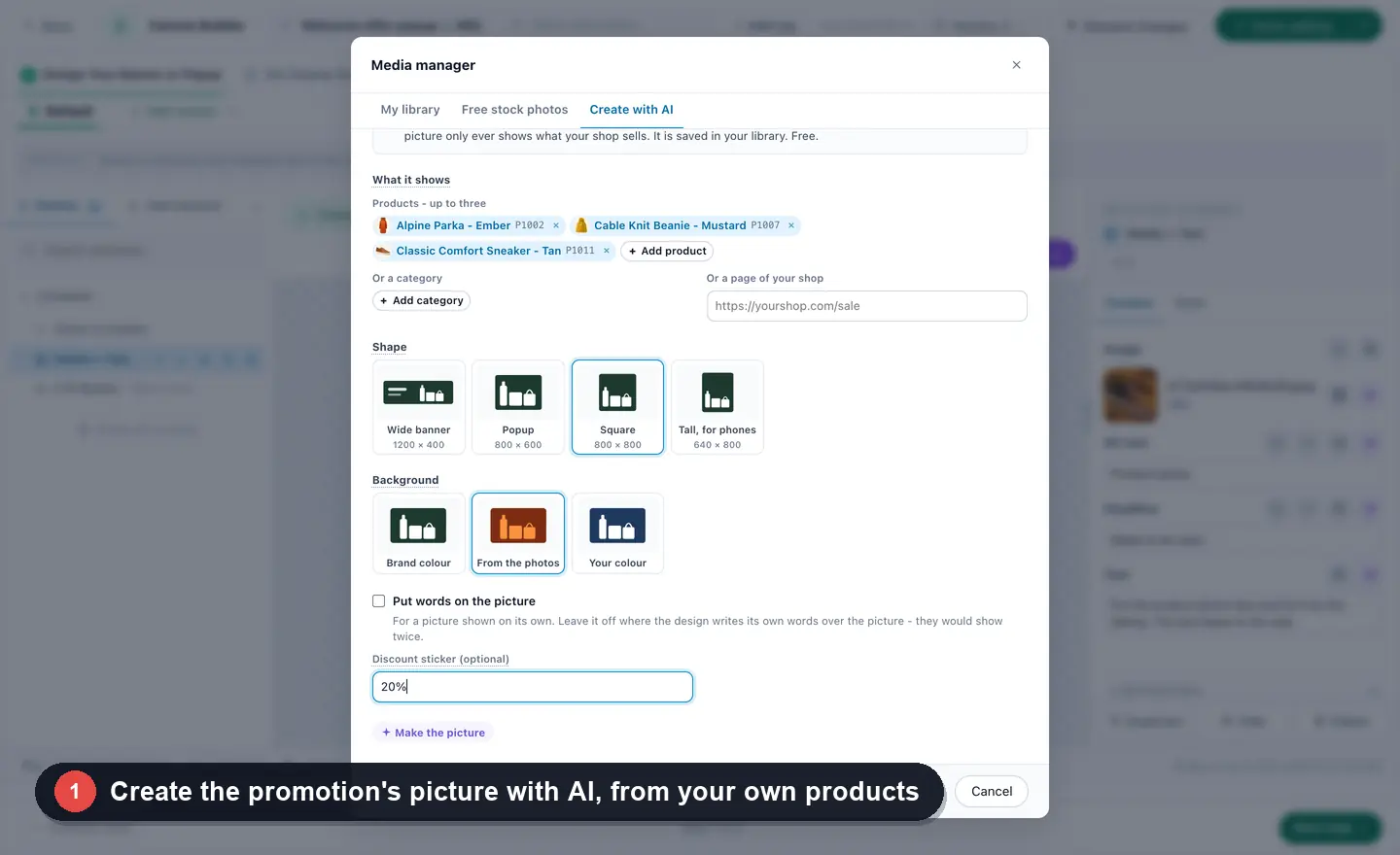 AI Promotions in the panel: a promotion picture created with AI from the store's own products, the promotion with its words, restyled with one sentence, banners, coupons and text bars from one pool, a calendar, and how the AI picks each visitor's promotion