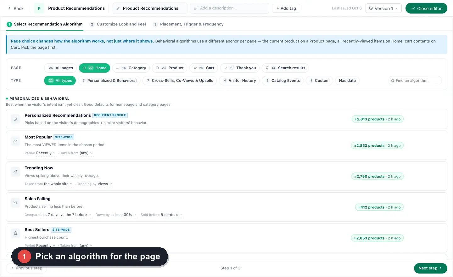 Product and content recommendations in the panel: pick an algorithm, a widget with tabs, what two different visitors get and why, then article algorithms and article cards