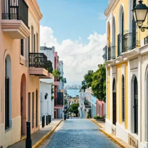 Eine bunte Kopfsteinpflasterstraße in der Altstadt von San Juan