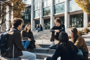 Studierende auf den Stufen einer Campus-Bibliothek