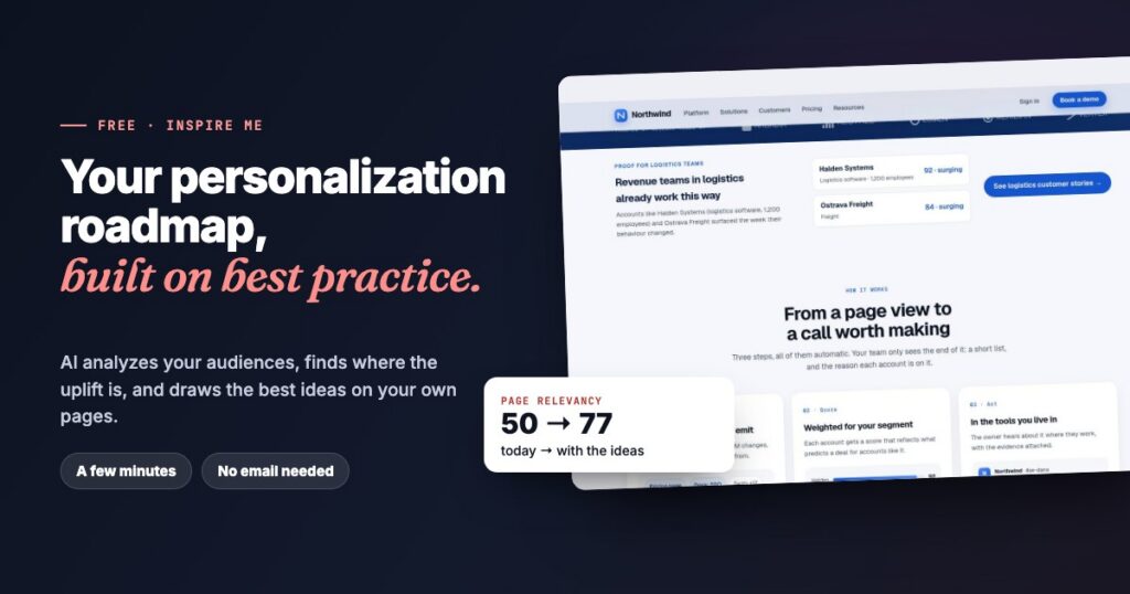 The Inspire me headline "Your personalization roadmap, built on best practice" beside a drawn idea from an example plan: a B2B home page with a proof strip for logistics teams
