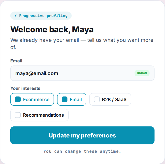 Lead capture and newsletter signup form personalization example showing one form adapting its fields per visitor