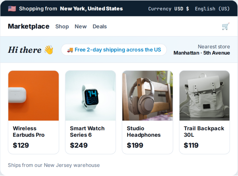 Location-based personalization example showing a storefront that adapts currency, language, shipping, and nearest store per visitor location