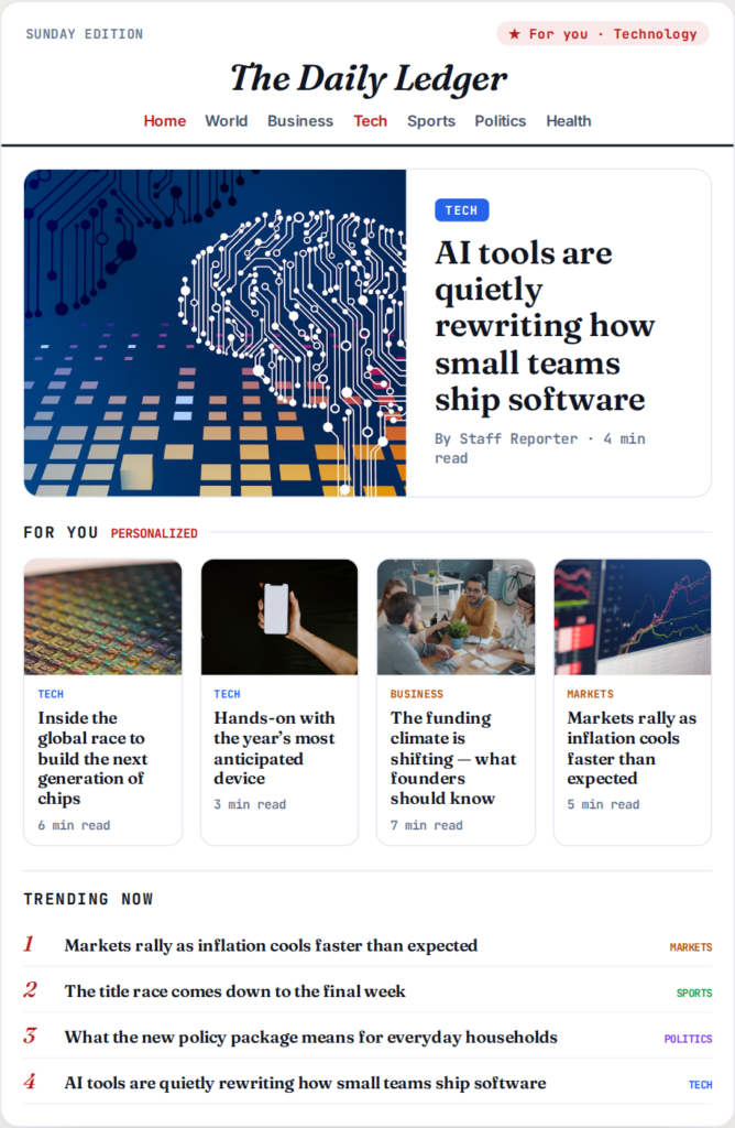 News website personalization example showing a front page that re-ranks its lead story and recommended articles per reader
