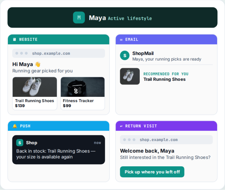 Omnichannel personalization example showing one unified profile driving consistent website, email, and push experiences