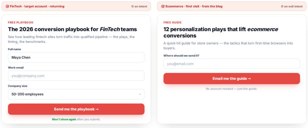 Two personalized lead forms for two different visitors: a returning FinTech target account sees a gated playbook, a first-time ecommerce reader sees a lighter single-field guide offer