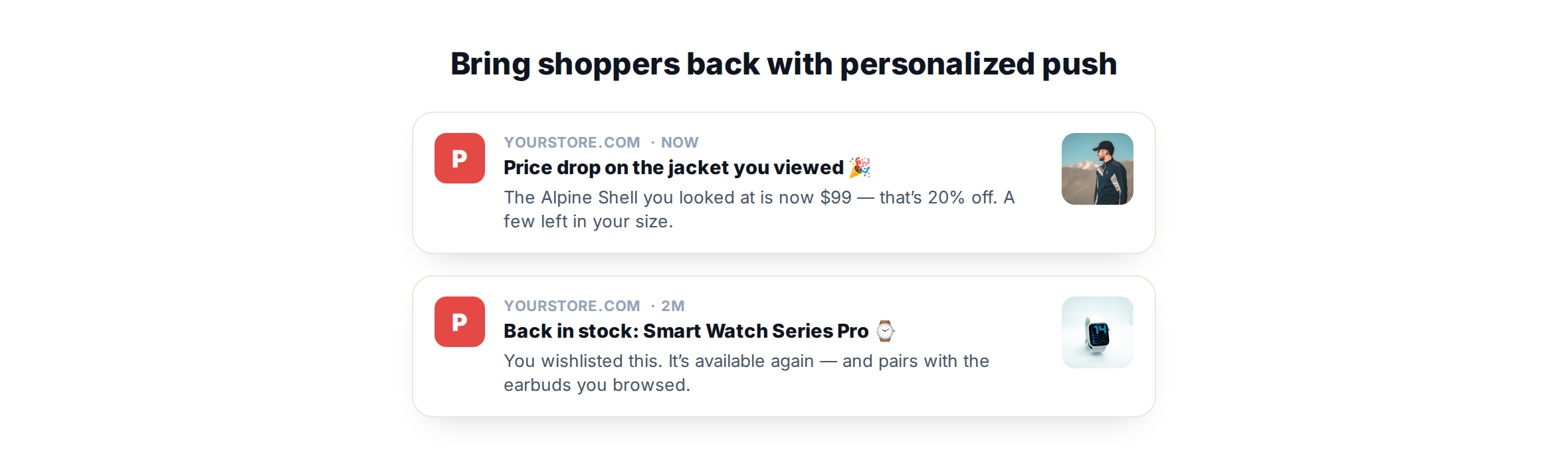 personalizedpushnotificationrecommendations Personyze 2つのパーソナライズされたプッシュ通知:閲覧したジャケットの値下げと再入荷のお知らせ