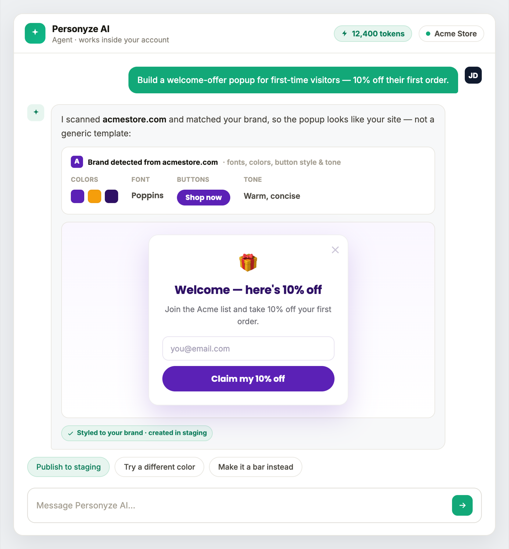 personyzeaiagentbrandscanbuild Personyze Personyze AIエージェントがサイトのブランドカラー、フォント、ボタンのスタイル、トーンをスキャンし、それに合ったポップアップを表示する様子