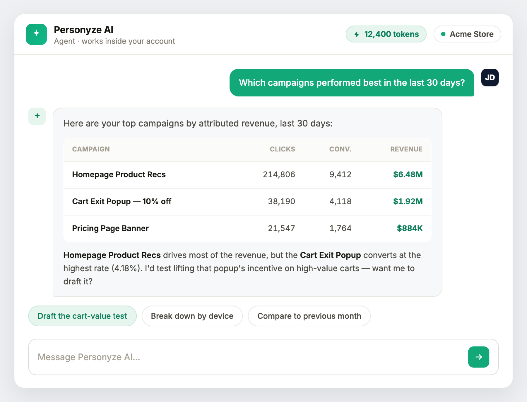 personyzeaiagentperformanceanswer Personyze アカウントの実際のキャンペーン数値を使ってパフォーマンスの質問に答えるPersonyze AIエージェント