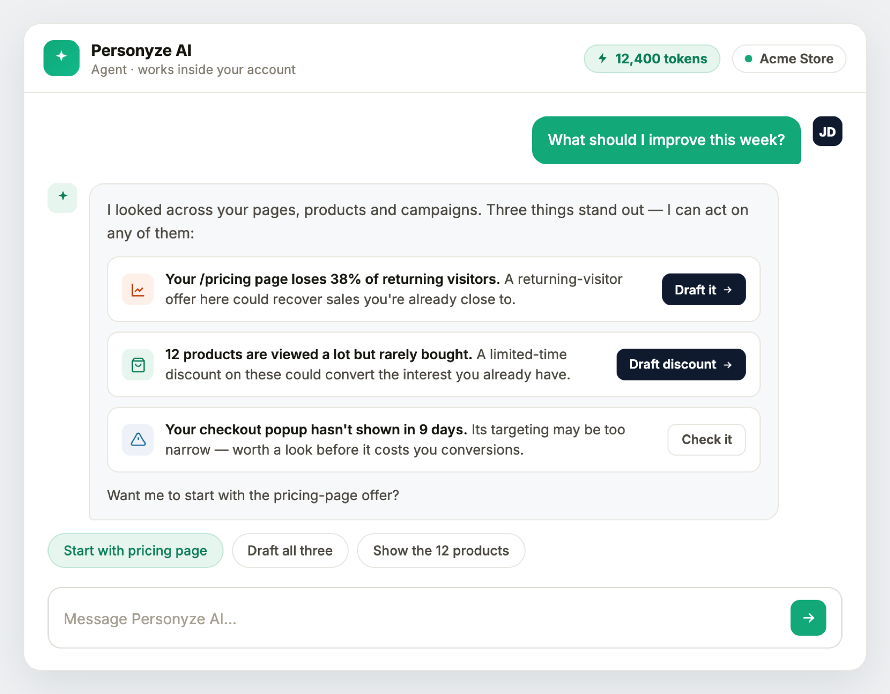 personyzeaiagentsuggestions Personyze 優先度順の改善案を提示するPersonyze AIエージェント:訪問者が離れるページや割引の価値がある商品を、ワンタップのアクション付きで表示