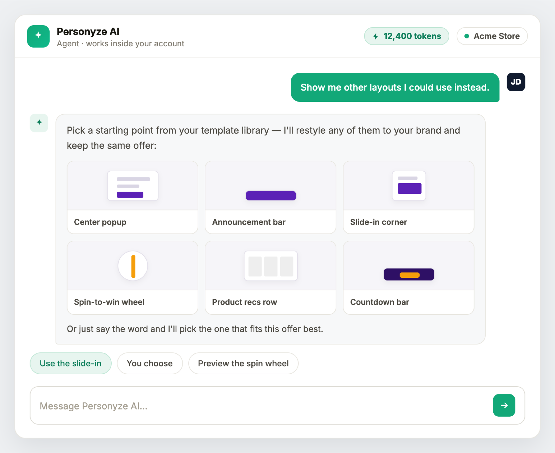 personyzeaiagenttemplatelibrary Personyze アカウントのブランドに合わせてスタイル調整されたポップアップ、バー、ホイールのレイアウトを表示するPersonyze AIエージェントのテンプレートライブラリ