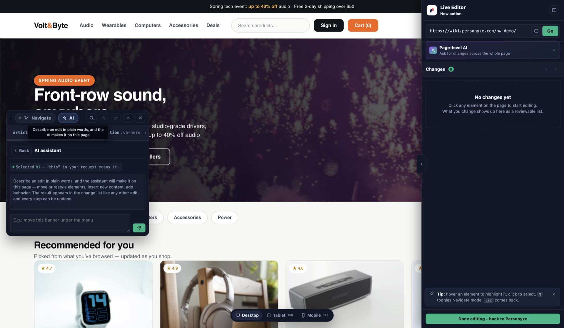 personyzeliveeditoraielement Personyze مساعد الذكاء الاصطناعي لكل عنصر في المحرر المباشر في Personyze يحرر عنصرًا في الصفحة انطلاقًا من تعليمات