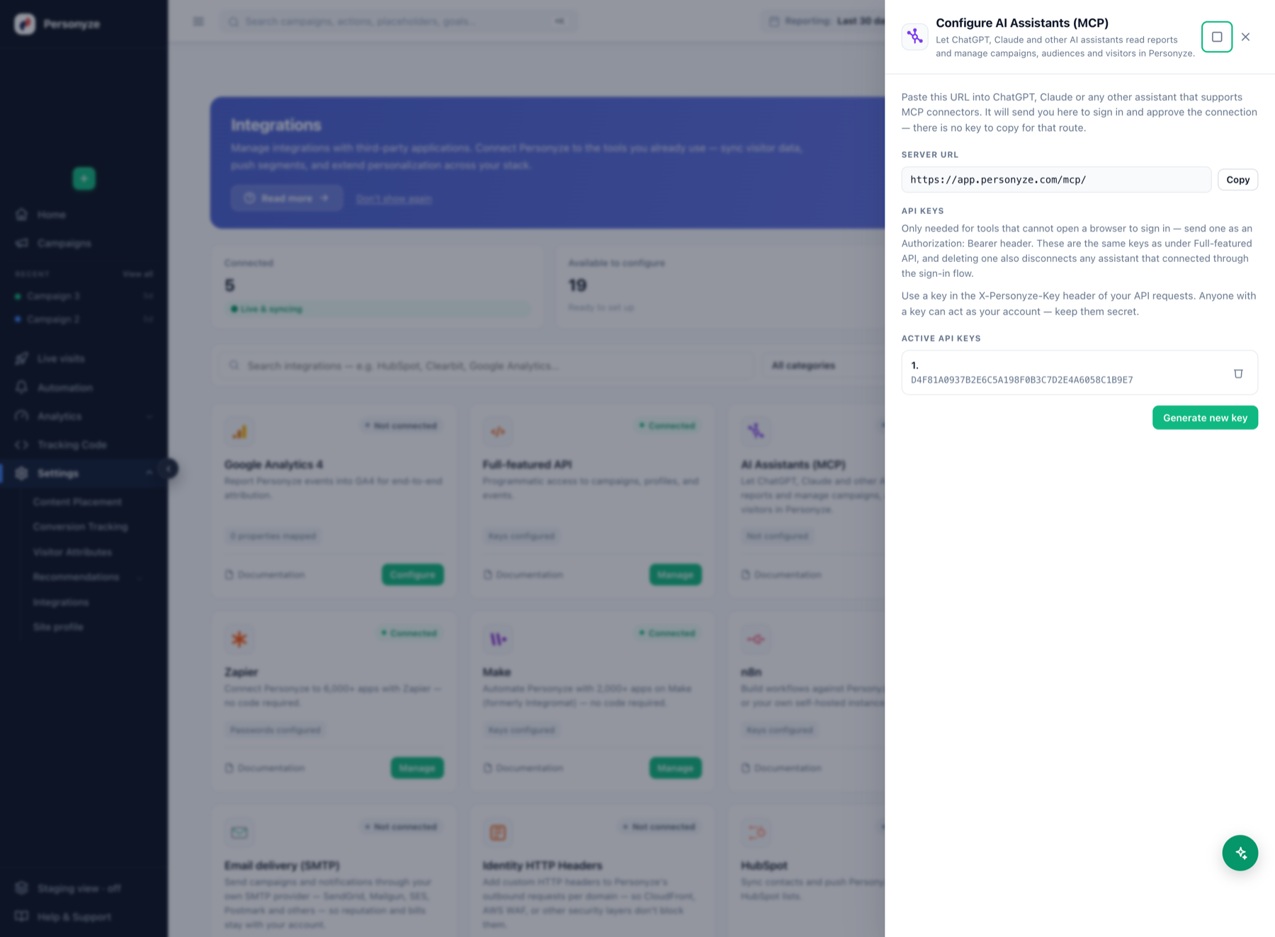 personyzemcpintegrationdrawer Personyze لوحة تكامل مساعدي الذكاء الاصطناعي (MCP) في Personyze تعرض عنوان URL لخادم MCP لنسخه إلى Claude أو ChatGPT