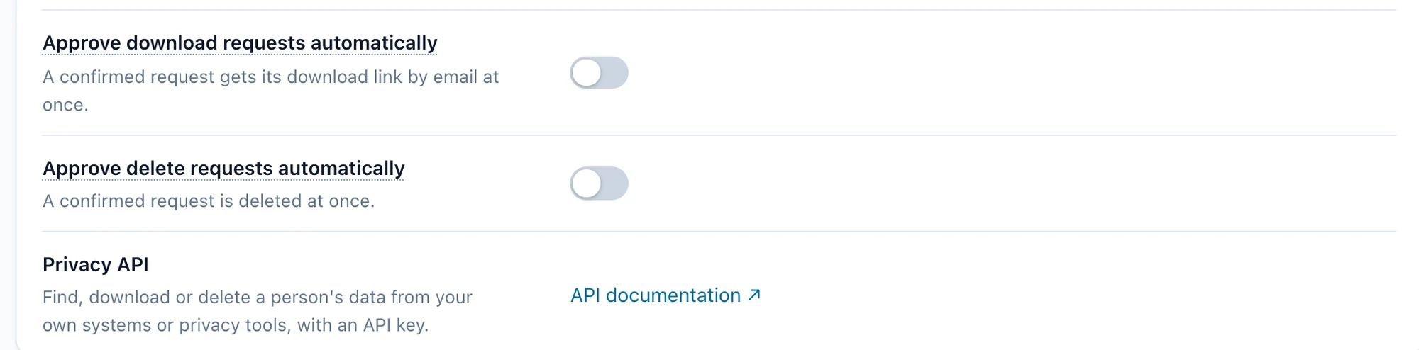 Visitor request settings: approve download or delete requests automatically, and the Privacy API