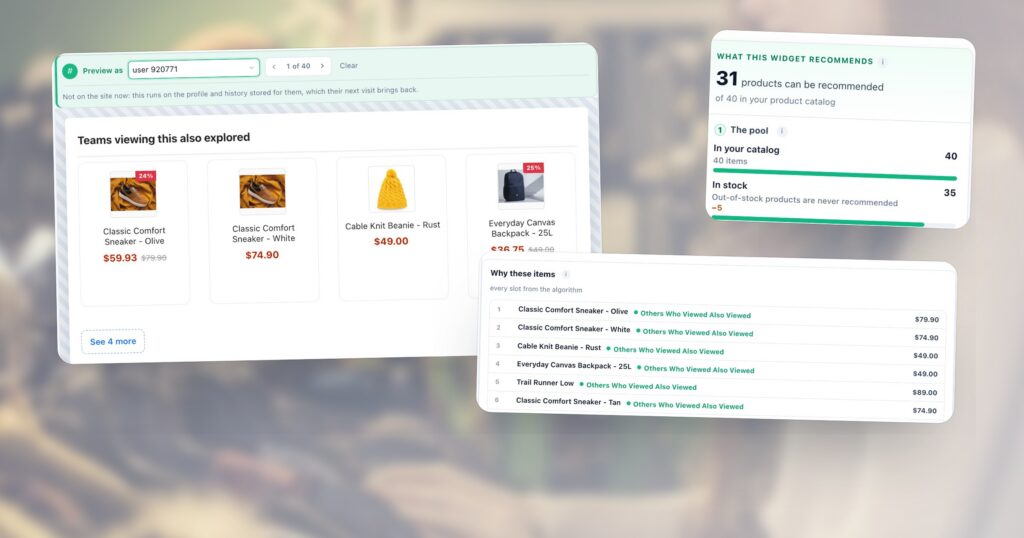 A product recommendation widget previewed for one real shopper, with the list of why each of the eight items was picked, beside the algorithm that chose them and its two fallbacks