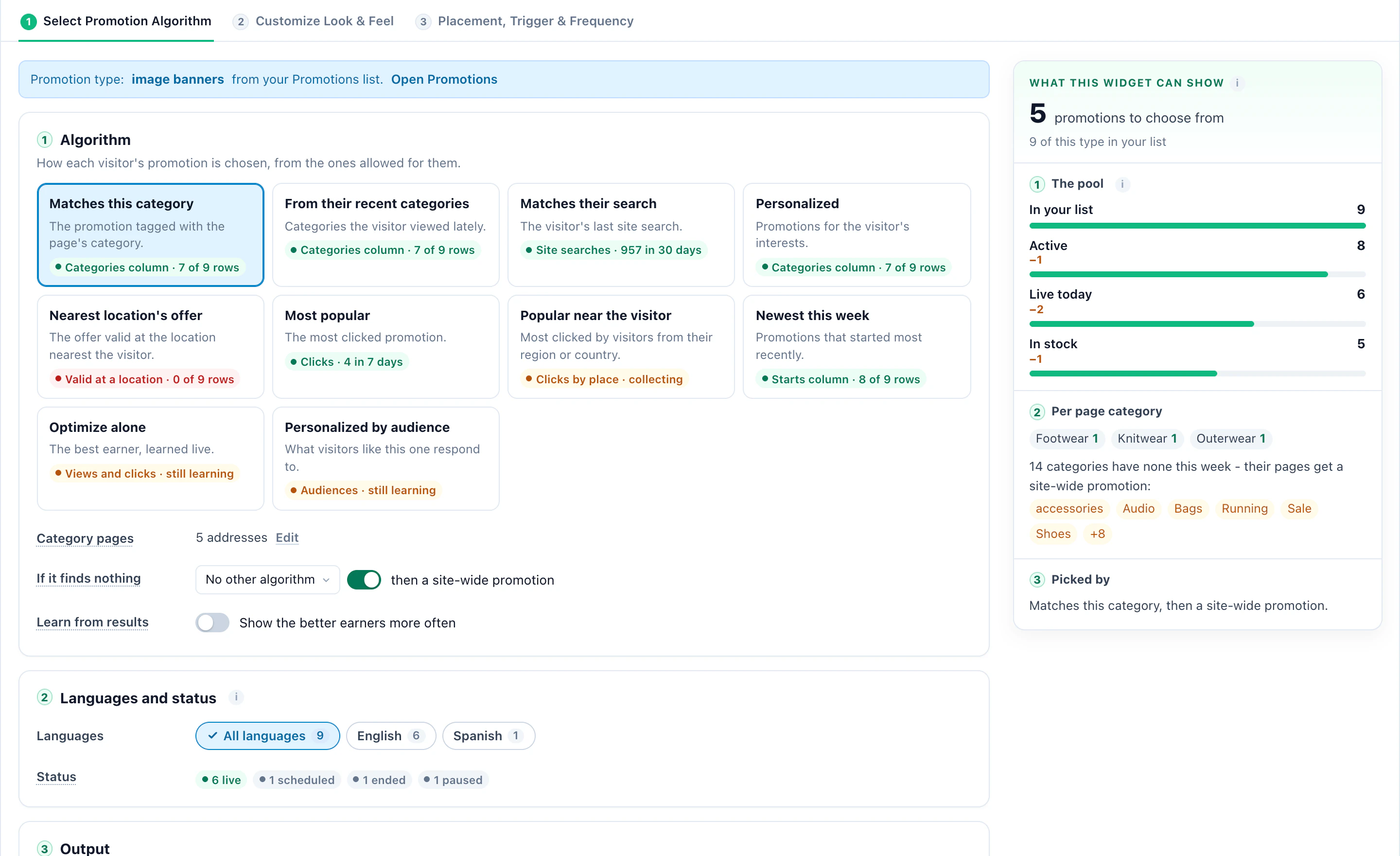 The promotion algorithm step: ten ways to pick each visitor's promotion, each with its data, and the pool of promotions it picks from