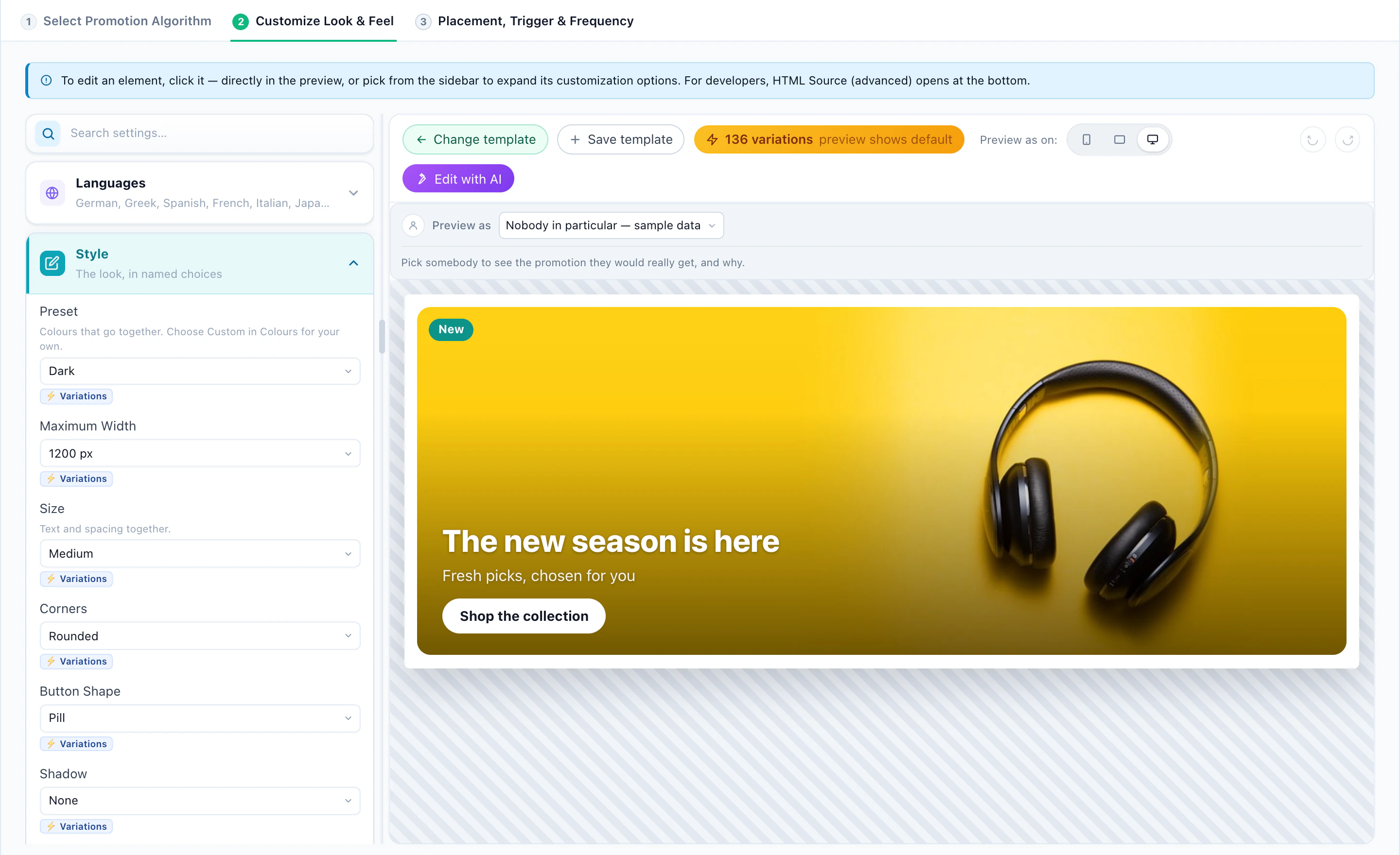 The Category Hero Banner design in the editor, with its style settings beside the preview