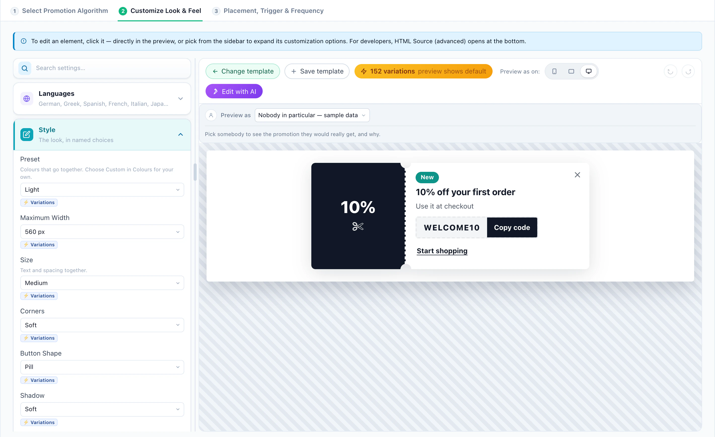 The Coupon Ticket design in the editor: a ticket with a torn-off stub, the code and Copy code
