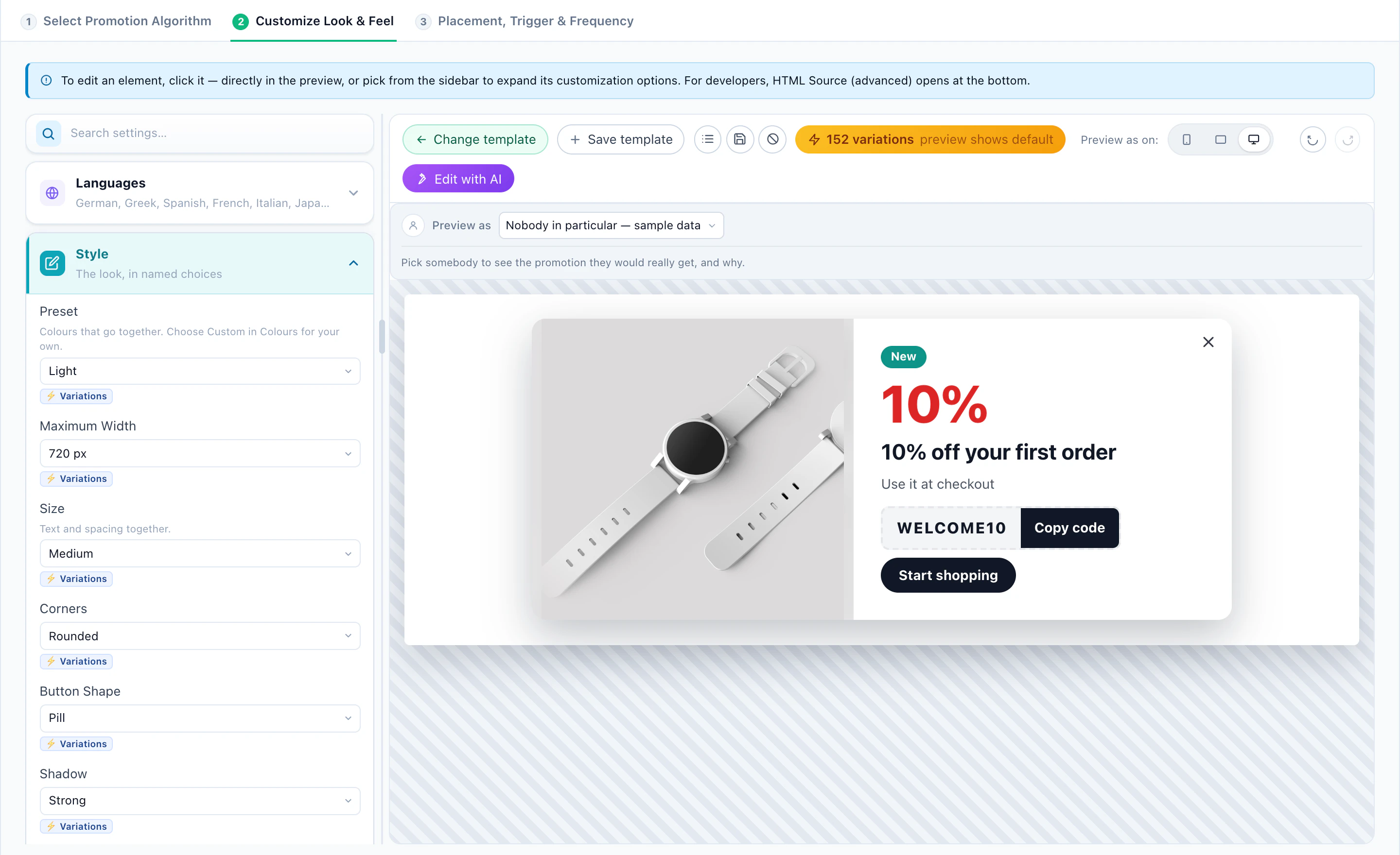 The Coupon With Picture design in the editor: the offer beside its image