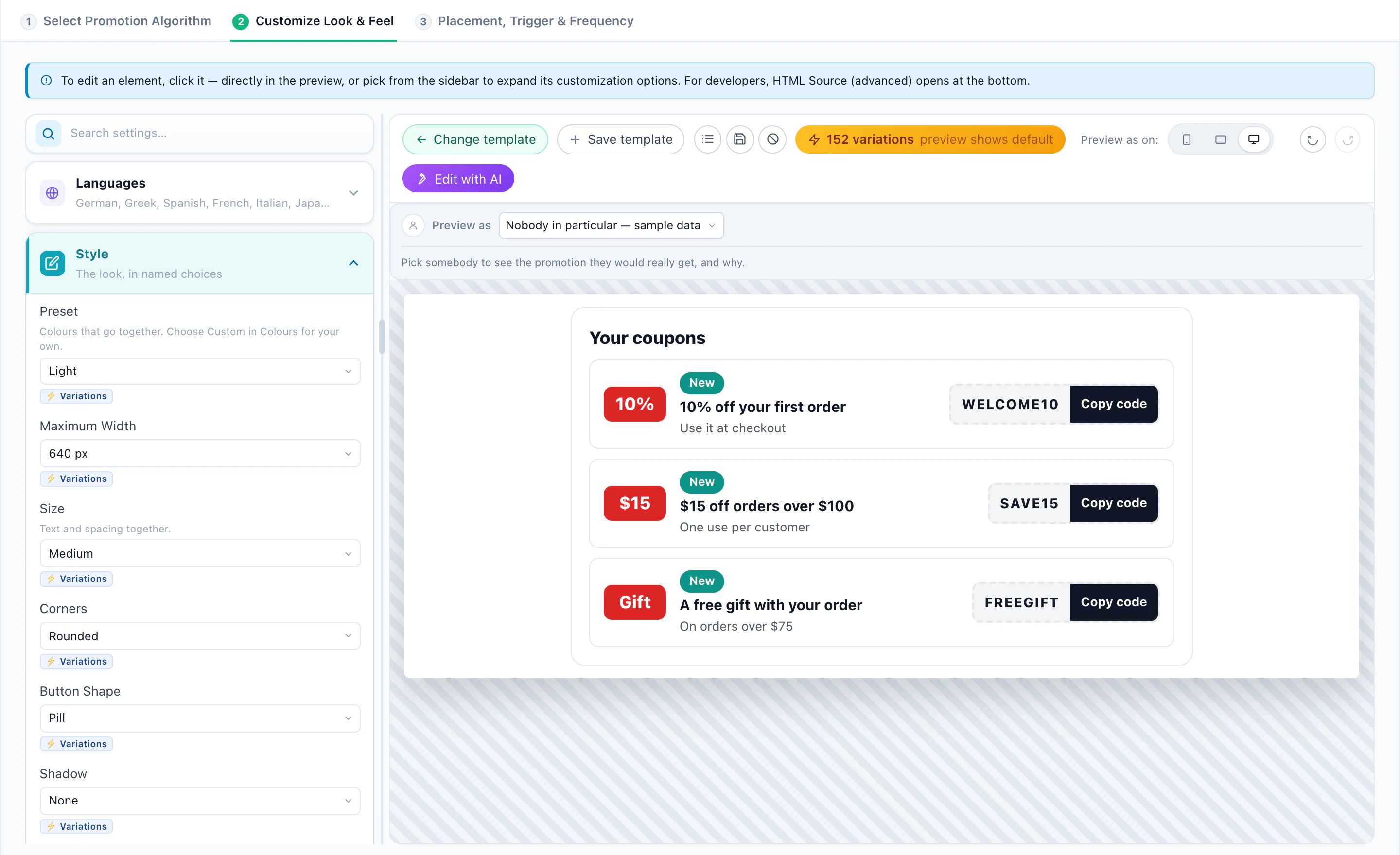 The Coupon Wallet design in the editor: three coupons, each with its code and Copy code