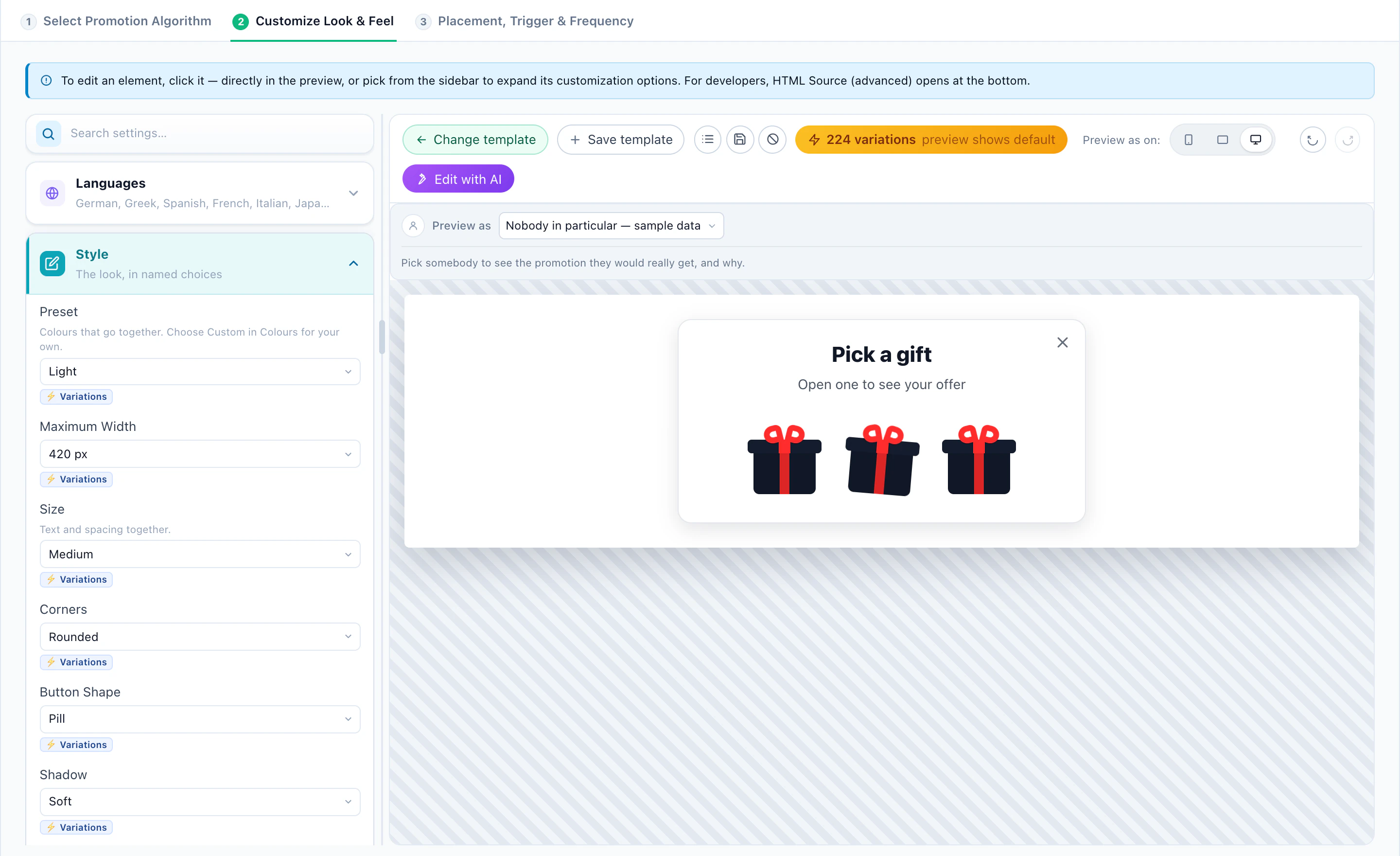 The Pick a Gift coupon design in the editor: three gift boxes to open