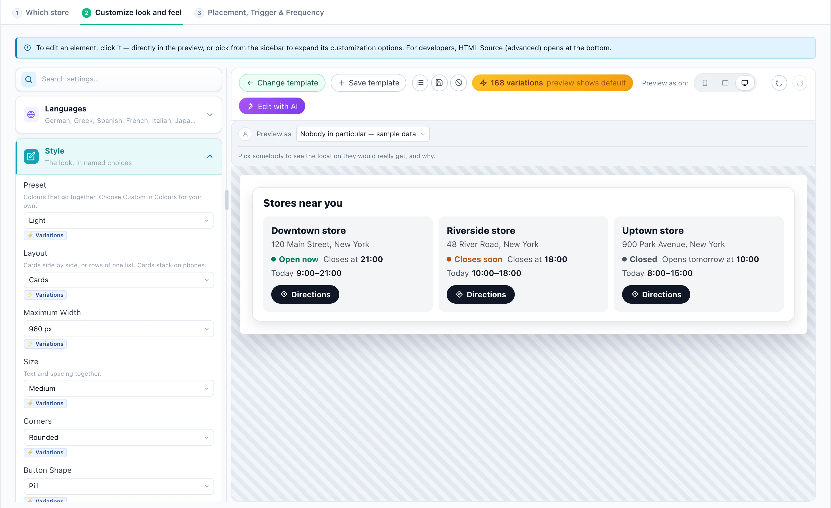The 3 Nearest Stores design in the editor: each store open now, closing soon or closed, with today's hours and directions