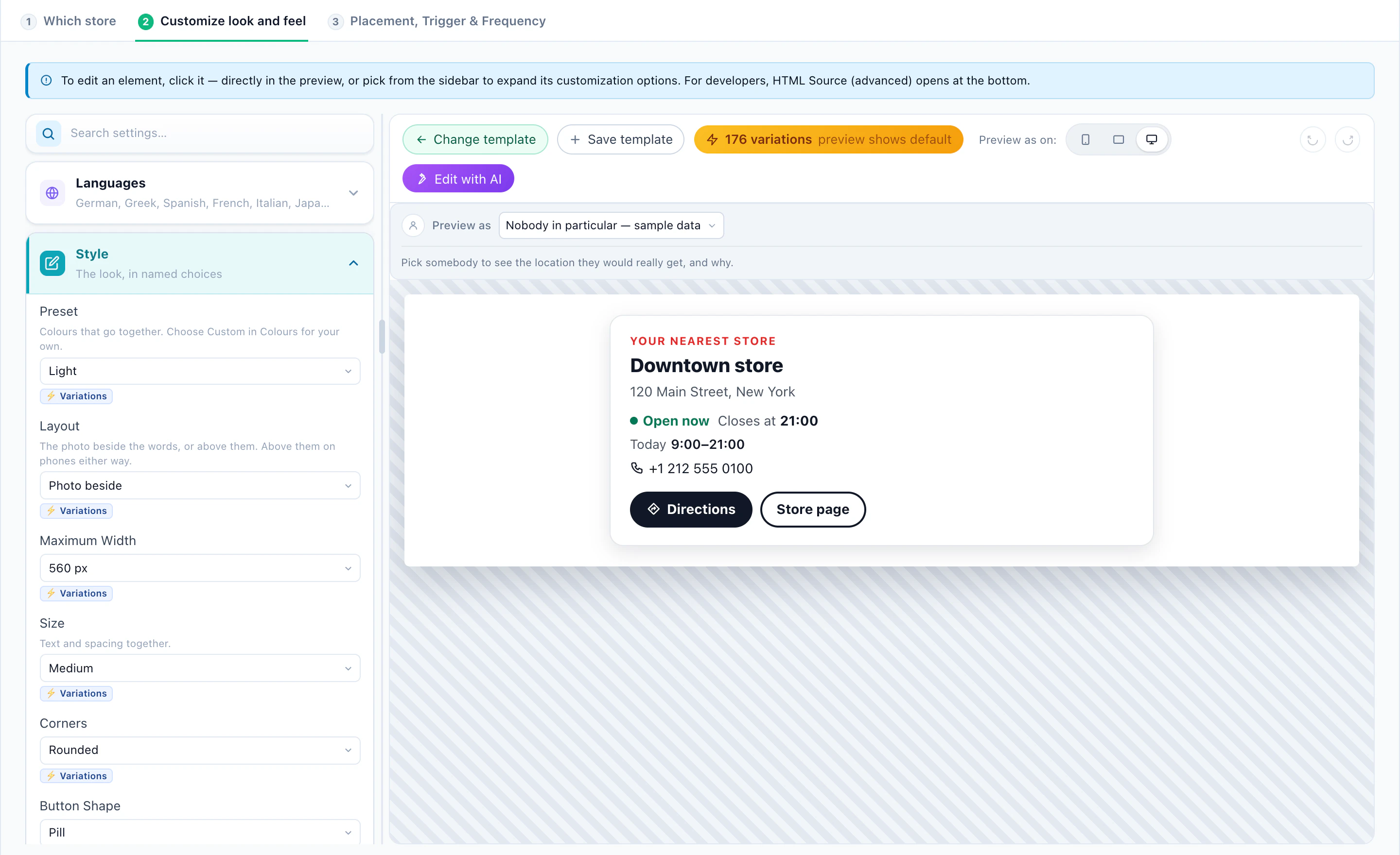 The Nearest Store Card design in the editor: the store's address, hours, phone and directions